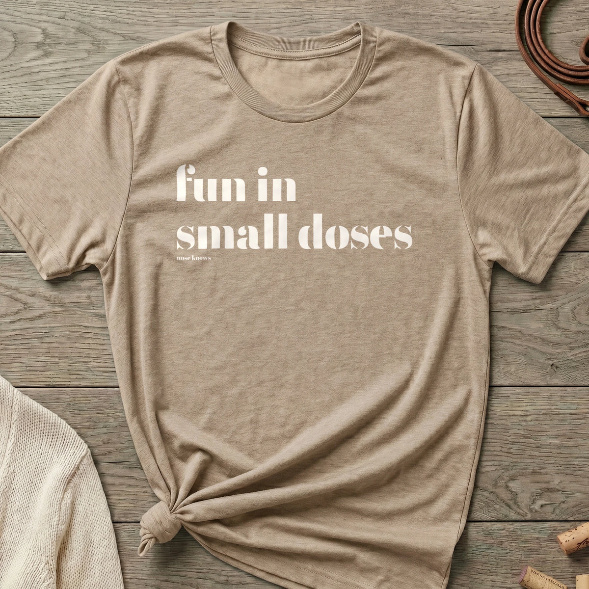 Small Doses Women's Cut tee in Desert Tan Heather