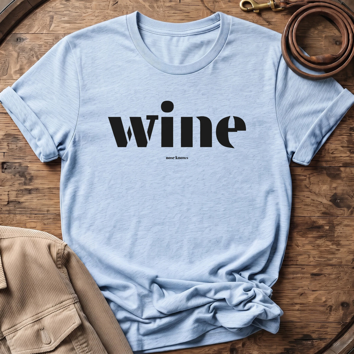 Wine Unisex tee in Light Blue Heather